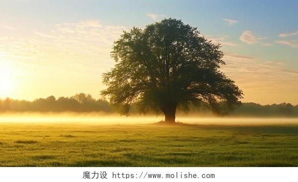 早晨太阳初升阳光下的大树大自然树木